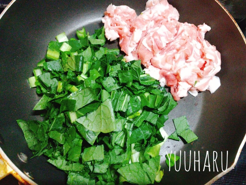 小松菜と豚肉の和風パスタ